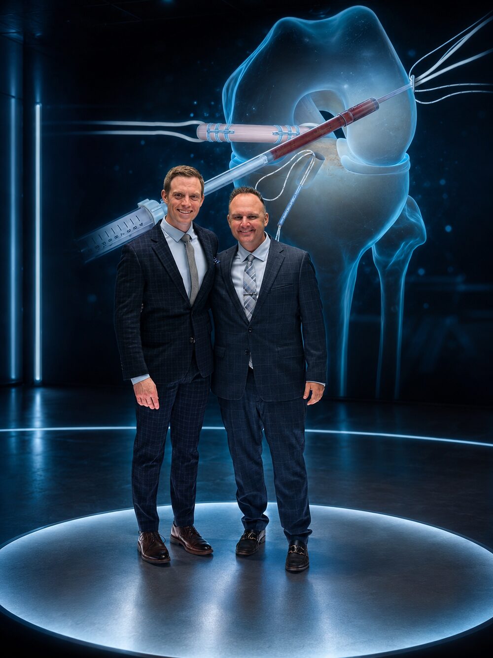 Dr. Justin Mitchell with Dr. Chad Lavender in front of a biologic ACL reconstruction illustration